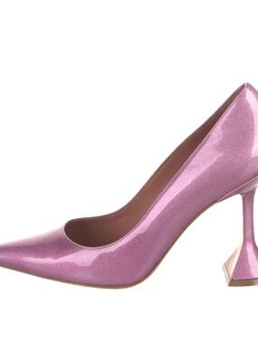 Amina Muaddi Pink Glitter Pointed-Toe Pump with Sculpted Heel size 38 (with box)